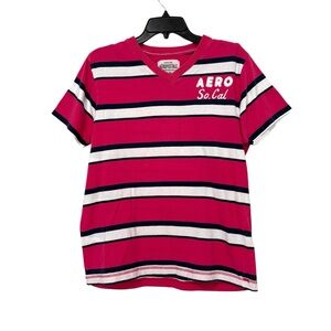 Vintage Y2K Aeropostale Men’s Medium Pink Blue Striped Short Sleeve V Neck Shirt